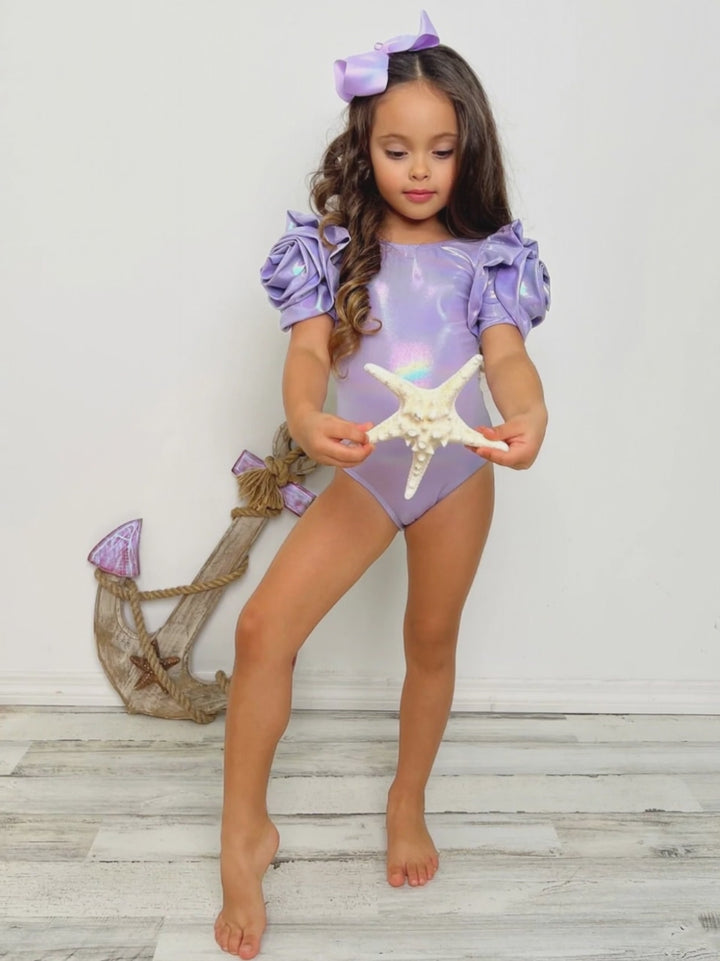 Blooming Rose Sleeve Metallic Purple One Piece Swimsuit