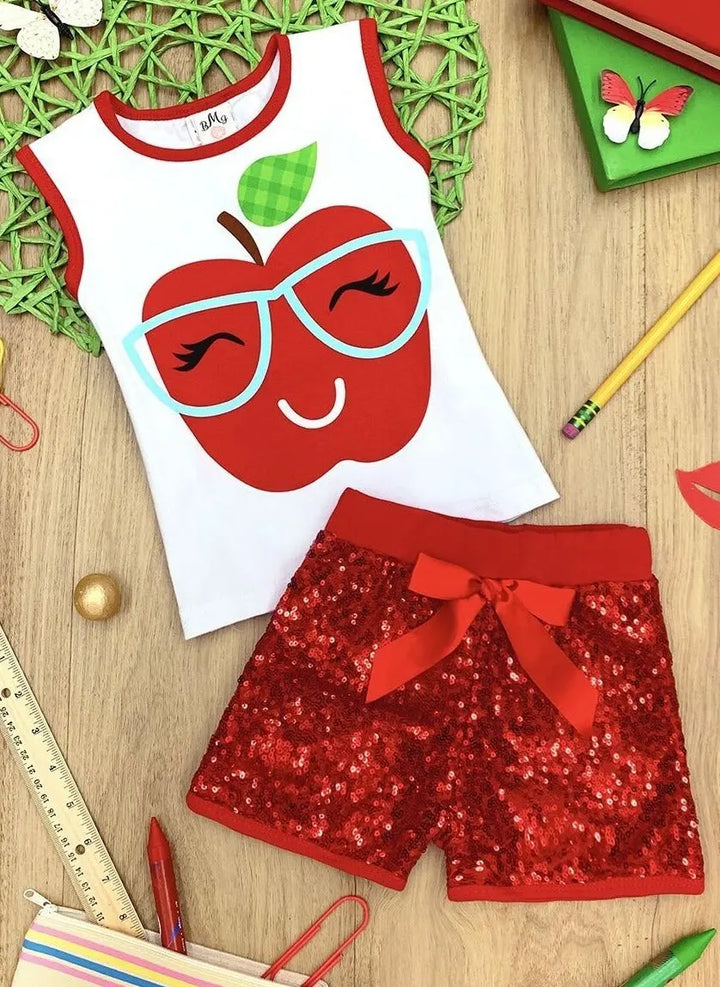 First Day of School | Apple Sequin Top & Shorts Set | Mia Belle Girls