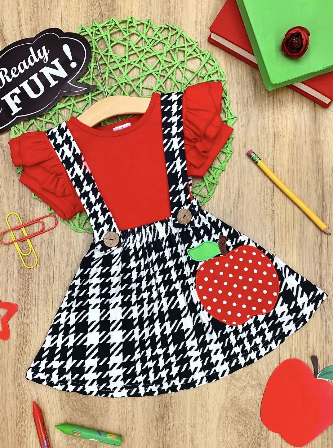 First Day of School | Houndstooth Overall Skirt Set | Mia Belle Girls
