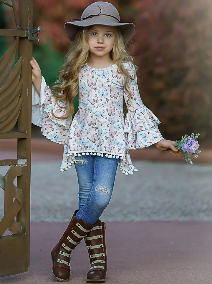 Butterfly Print Tiered Sleeve Sidetail Tunic | Mia Belle Girls