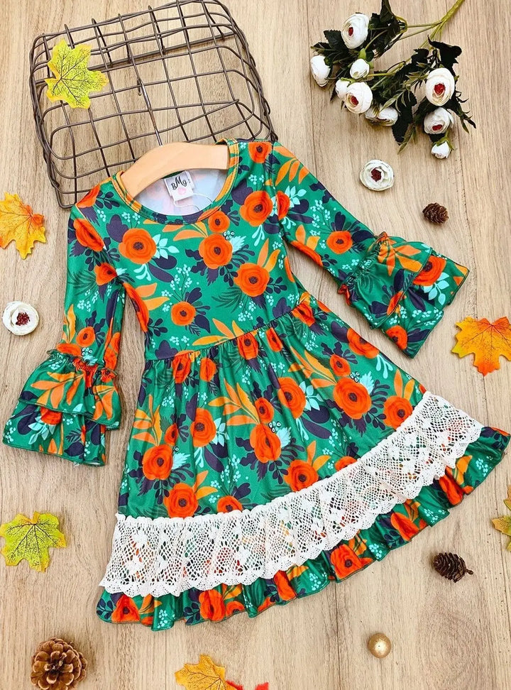 Girls Floral Crochet Ruffled Dress