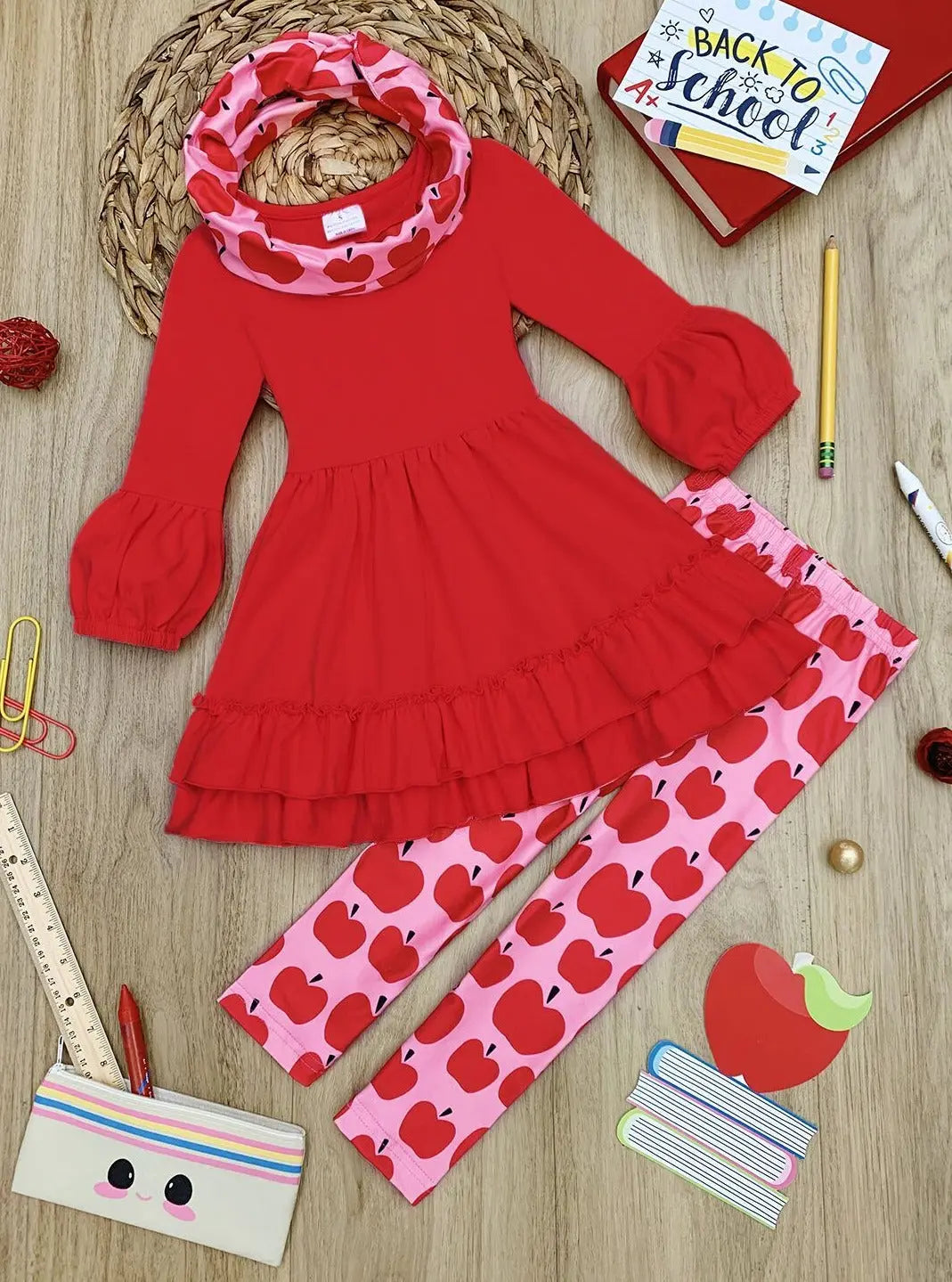 Girls Back To School Tunic Apple Legging & Scarf Set – Mia Belle Girls