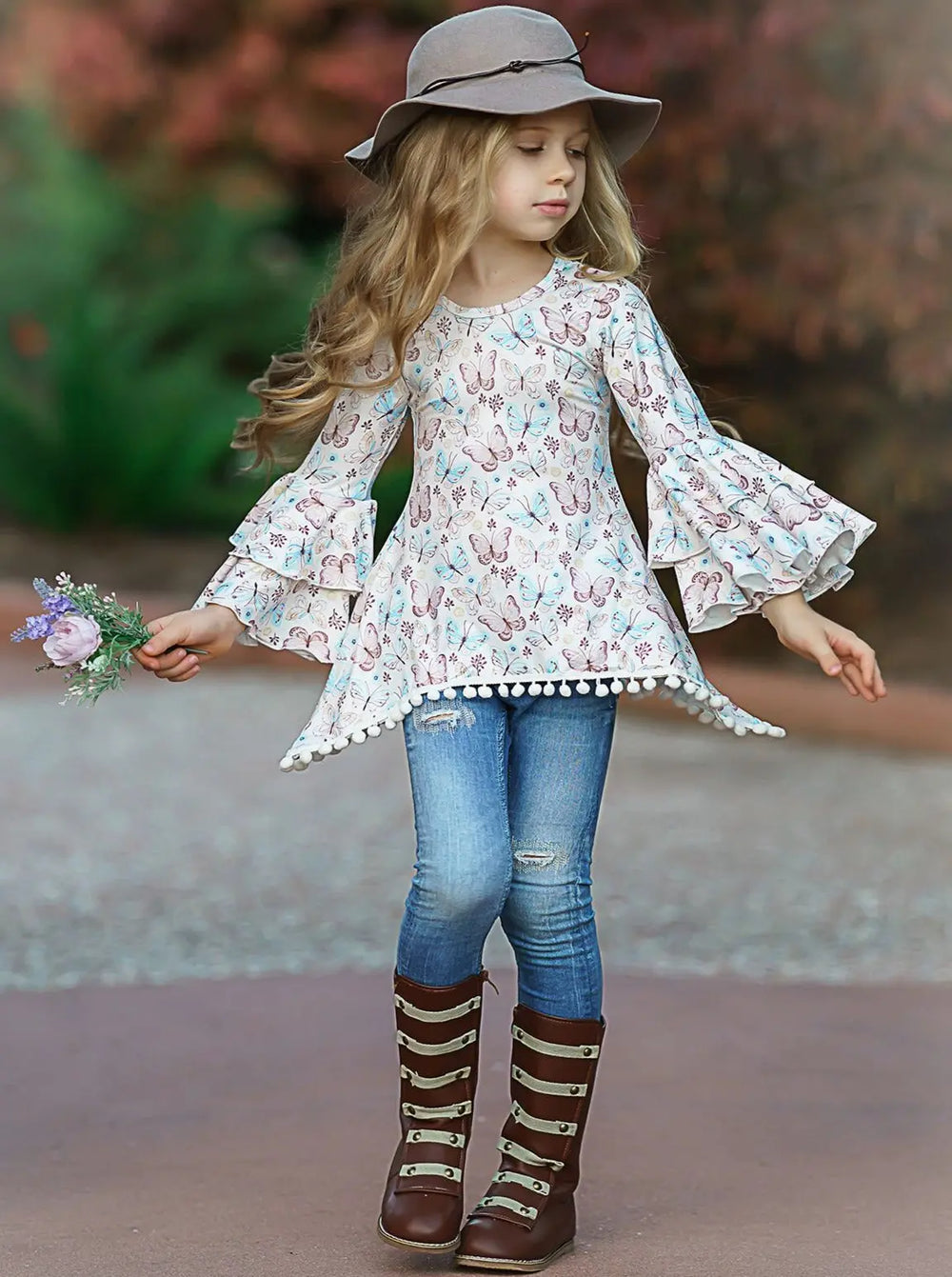 Butterfly Print Tiered Sleeve Sidetail Tunic | Mia Belle Girls