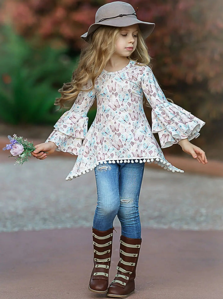 Butterfly Print Tiered Sleeve Sidetail Tunic | Mia Belle Girls